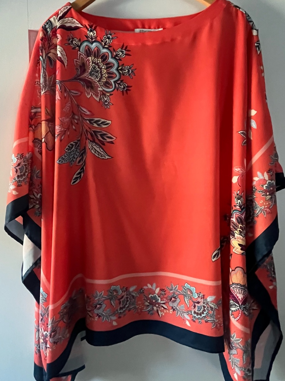 Chico's Coral Top with Navy and Teal Floral Motif